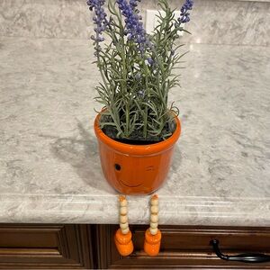 Swinging Happy Planter with Smiling Winky Face and Faux Lavender Potted Plant